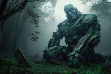 Illustration of ancient stone statue in mystical forest, fantasy concept. Generative AI