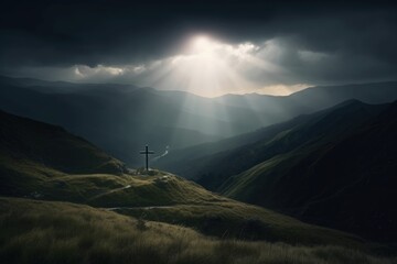 Landscape with cross on the hill, sun rays and clouds, Easter concept and crucifixion of Christ. Generative AI