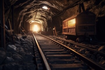 Fototapeta na wymiar Abandoned mine illustration with trolley and rail, cryptocurrency mining concept. Generative AI