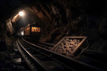 Naklejka premium Abandoned mine illustration with trolley and rail, cryptocurrency mining concept. Generative AI
