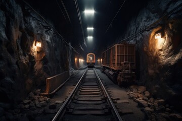 Fototapeta na wymiar Abandoned mine illustration with trolley and rail, cryptocurrency mining concept. Generative AI