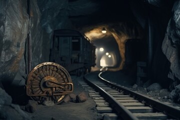 Abandoned mine illustration with trolley and rail, cryptocurrency mining concept. Generative AI