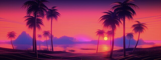 Obraz premium Landscape with coconut trees and desert canyons, retro style, vaporwave. Generative AI