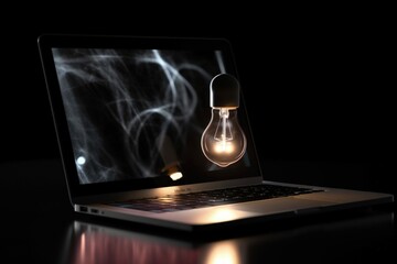 Laptop and light bulb illustration, ideas and creativity concept, background. Generative AI