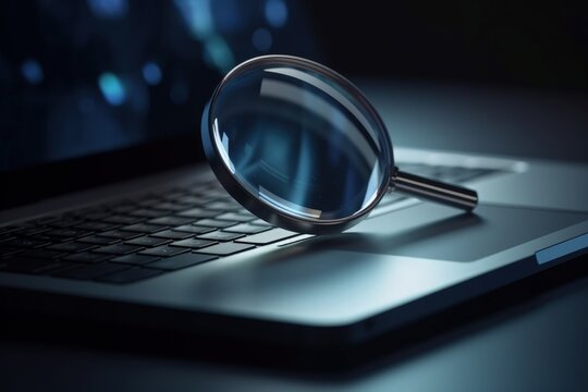 Magnifying glass and laptop illustration, analytics and research concept. Generative AI
