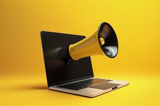 Megaphone illustration on laptop screen, yellow background, advertisement and sales concept. Generative AI