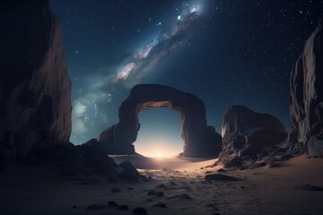 Illustration of mystical stone portal in the desert, fantasy and fiction concept. Generative AI