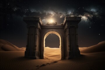Illustration of mystical stone portal in the desert, fantasy and fiction concept. Generative AI - obrazy, fototapety, plakaty