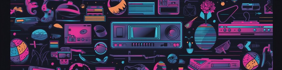 Obraz premium Background full of various old electronics from the 80s and 90s, retro. Generative AI