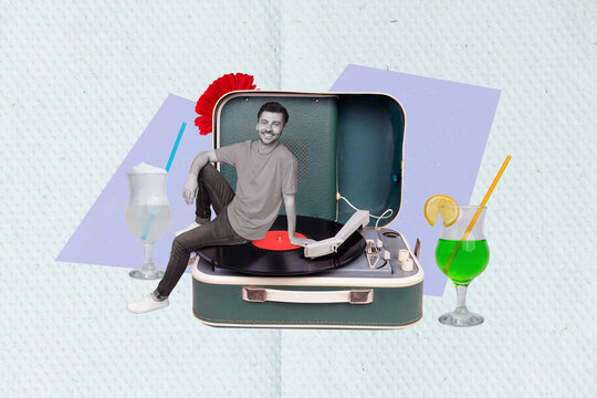 Creative composite concept collage photo of good mood young guy sit on vinyl record enjoy drinks relaxing isolated drawing background