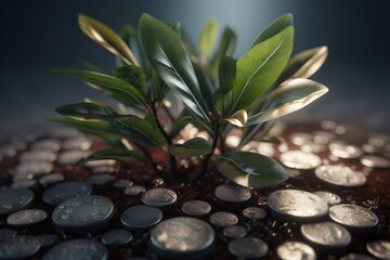 Fototapeta na wymiar Plant and coins illustration. Generative AI
