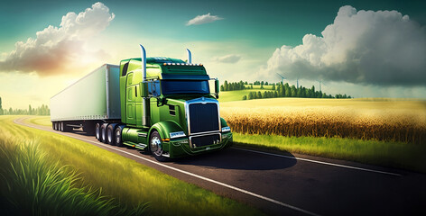 Truck with cargo container on the road. The truck rides on a green meadow. Transport theme. AI
