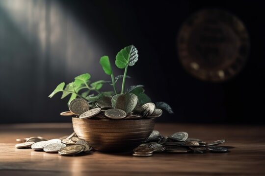 Plant and coins illustration. Generative AI