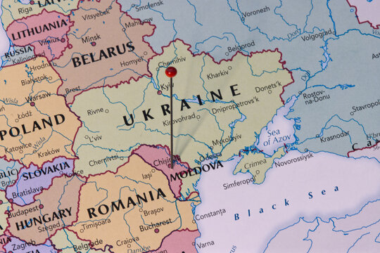 Kishinev, Republic of Moldova, capital and the largest largest city in Moldova, pinned on political map, Warsaw March 29, 2023