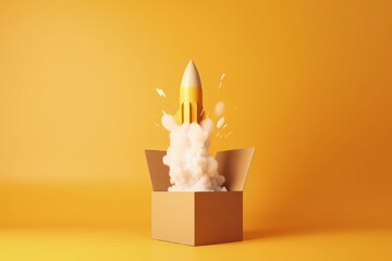 Illustration of rocket taking off from cardboard box, business and startup concept, background. Generative AI