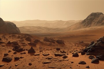 Fototapeta na wymiar Mars planet surface illustration, uninhabitable planet, science fiction concept. Generative AI