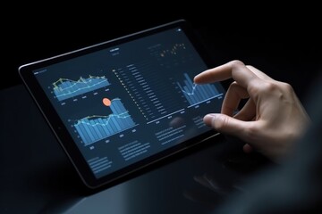 Tablet illustration with chart on screen, human hand, data analysis concept, dark blue background. Generative AI