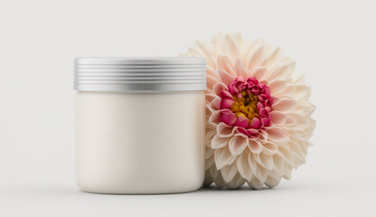 White blank 3D cosmetic cream jar with colorful dahlia flowers. Elegant skincare product presentation. Beauty and spa mockup template with copy space for text. Natural, organic concept. Generative AI.