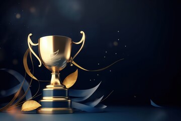 Golden trophy illustration on dark blue background. Generative AI