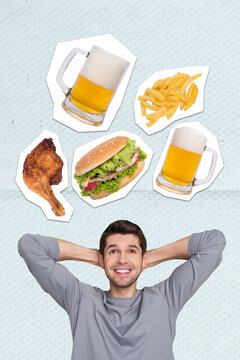 Creative retro 3d magazine collage image of funny guy hands behind head dreaming ordering junk food isolated painting background