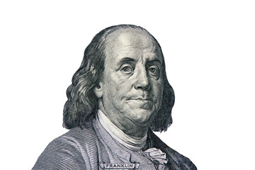 Fototapeta na wymiar Benjamin Franklin portrait cutting from one hundred dollars bill. Business and finance concept.