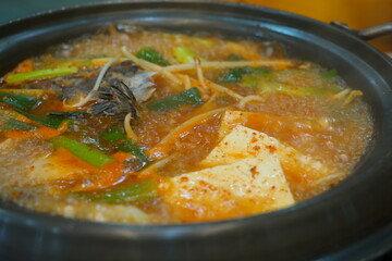 A korean traditional fish stew seasoned generously with red chili powder or gochujang. The fish most commonly used here are haddock, rock cod, and pollack.
