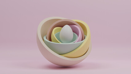 3d rendering. Elegant cream hemispheres on a pink background. A white egg is hiding inside. Abstract 3d illustration.