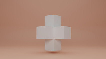 3d rendering. A three-dimensional mathematical plus sign. Plus. Intersection of blocks, pixels, cubes. A cross made of cubes. Digital art. NFT.