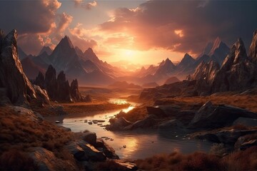majestic mountainous landscape with a flowing river in the foreground. Generative AI
