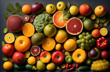a large group of fruits and vegetables arranged in a circle - Generative AI