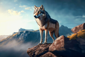 Beautiful wild wolf on a mountain rock, illustration generative AI