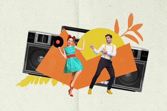 Creative composite concept collage photo of crazy carefree couple guy girl dancing together at retro party isolated drawing background