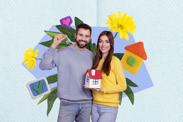 Creative composite concept collage photo of happy positive young family buy new apartments holding small house isolated pointed background