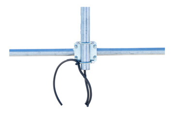 Nuts clamp aluminum cable duct electric wire small like cross isolated on cut out PNG. Fixing screws electric pole for to help pull, support from falling in wind. Concept nuts safety fastening.