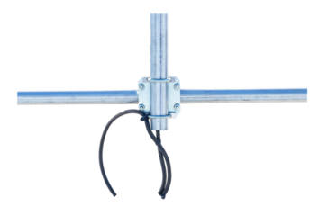 Nuts clamp aluminum cable duct electric wire small like cross isolated on cut out PNG. Fixing screws electric pole for to help pull, support from falling in wind. Concept nuts safety fastening.