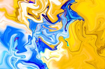 Hand Painted Background With Mixed Liquid Blue, Orange Paints. Abstract Fluid Acrylic Painting. Marbled Colorful Abstract Background. Liquid Marble Pattern.
