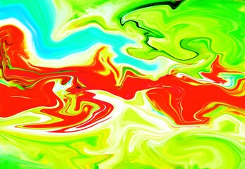 Hand Painted Background With Mixed Liquid Green And Red Paints. Abstract Fluid Acrylic Painting. Marbled Colorful Abstract Background. Liquid Marble Pattern. Web Design.
