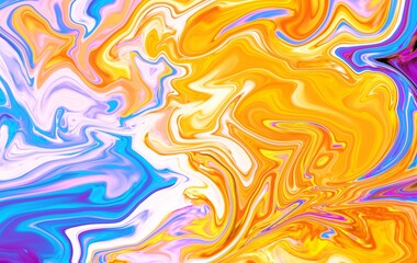Hand Painted Background With Mixed Liquid Blue, Yellow Paints. Abstract Fluid Acrylic Painting. Marbled Colorful Abstract Background. Liquid Marble Pattern.
