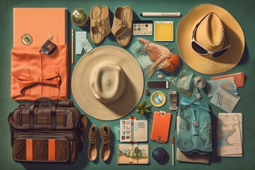 an illustration of Knolling summer travel inventory Generative AI