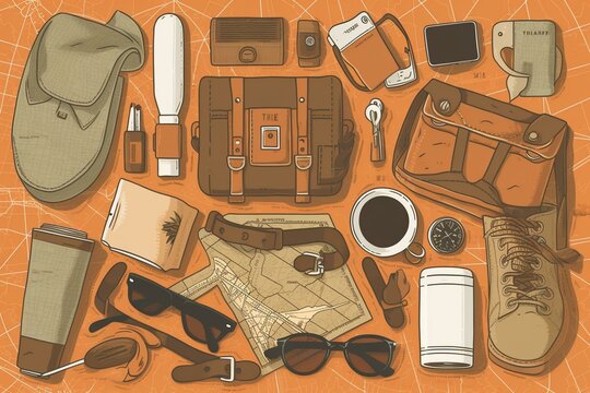an illustration of Knolling summer travel inventory Generative AI