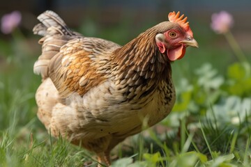 Fototapeta premium brown and white chicken standing in a green field. Generative AI