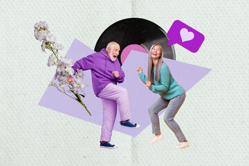 Fototapeta premium Collage 3d pinup pop retro sketch image of funny mature couple dancing having fun isolated painting background