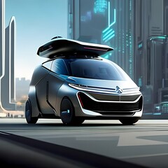  a futuristic car with a surfboard on top of it