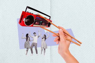 Photo collage artwork minimal picture of arm holding chopsticks boom box buddies company dancing...