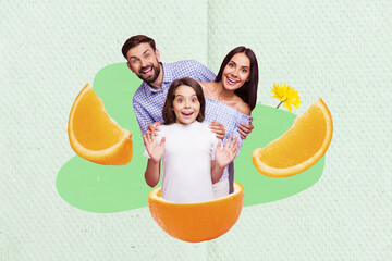 Creative template graphics collage image of smiling funny parents small kid enjoying oranges together isolated drawing background