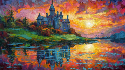 Fototapeta na wymiar Neo-impressionist painting of a castle at sunrise. Concept Art, Generative AI