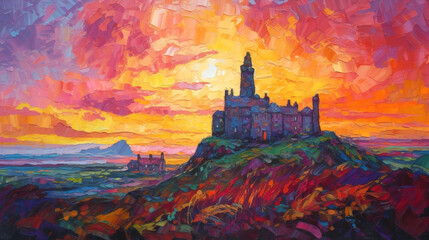 Neo-impressionist painting of a castle at sunrise. 
Concept Art, Generative AI