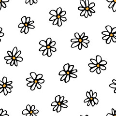 Simple floral vector seamless pattern. Small daisies on a light blue background. For fabric prints, children's clothing, stationery.