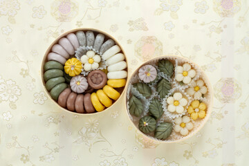 Traditional Korean rice cakes 'Jeolpyeon' made in various shapes in circle boxes on floral silk....