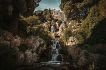 Fototapeta na wymiar Waterfall at Castle Hill or Colline du Chateau in Nice, South of France. Generative AI